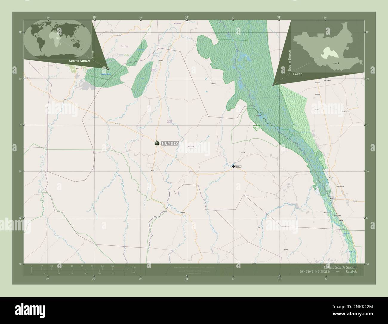 Lacs, État du Soudan du Sud. Ouvrez la carte des rues. Lieux et noms