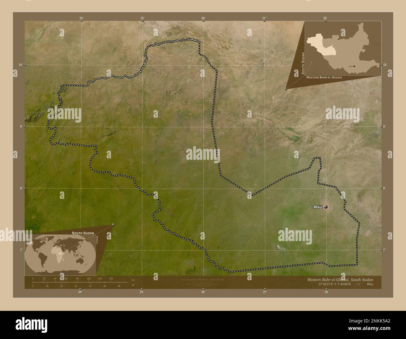 Bahr-el-Ghazal occidental, État du Soudan du Sud. Carte satellite basse résolution. Lieux et noms des principales villes de la région. Emplacement auxiliaire d'angle Banque D'Images