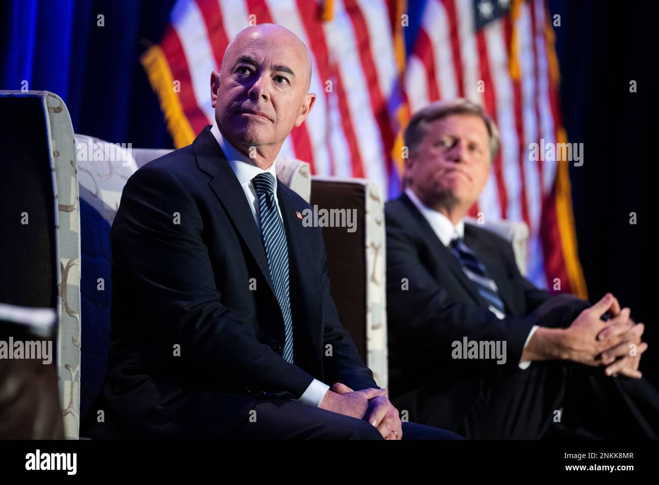 UNITED STATES - MARCH 10: Alejandro Mayorkas, left, secretary of the Department of Homeland Security, and Michael McFaul, former U.S. ambassador to Russia, participate in a discussion which included the Russian invasion of Ukraine, at the House Democratic Caucus Issues Conference in Philadelphia, Pa., on Thursday, March 10, 2022. (Tom Williams/CQ Roll Call via AP Images) Banque D'Images
