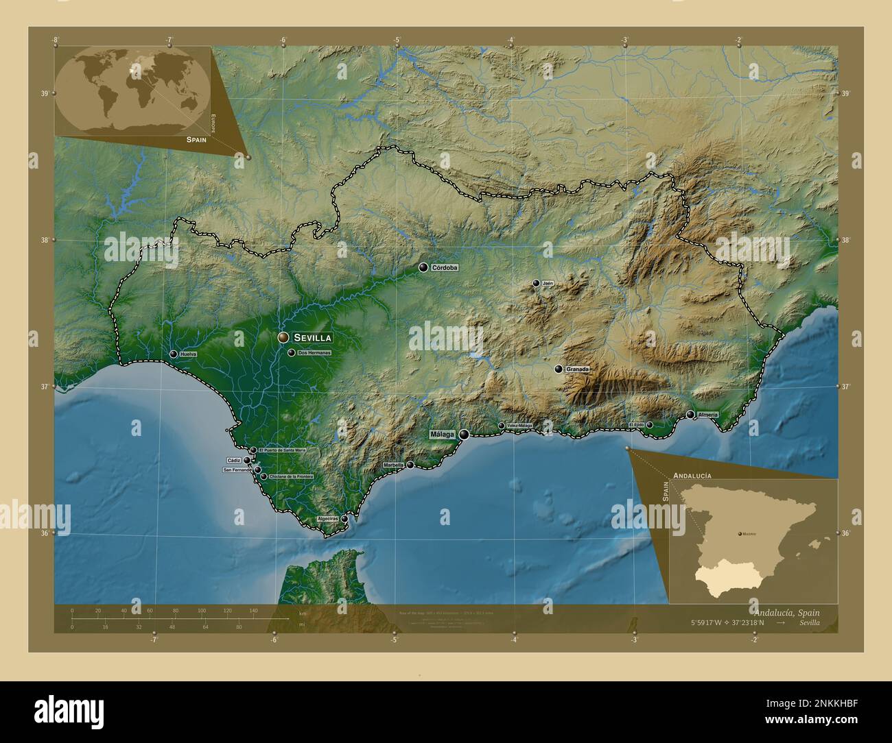 Andalousie, communauté autonome d'Espagne. Carte d'altitude en couleur avec lacs et rivières. Lieux et noms des principales villes de la région. Angle auxil Banque D'Images