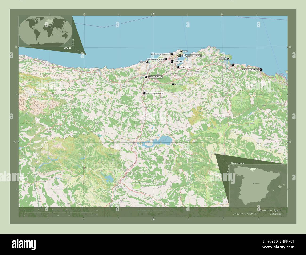 Cantabrie, communauté autonome d'Espagne. Ouvrez la carte des rues. Lieux et noms des principales villes de la région. Cartes d'emplacement auxiliaire d'angle Banque D'Images