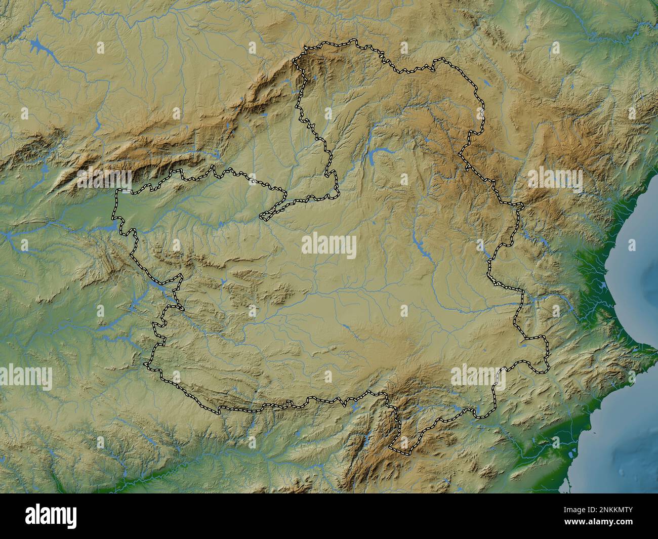 Castilla-la Mancha, communauté autonome d'Espagne. Carte d'altitude en couleur avec lacs et rivières Banque D'Images