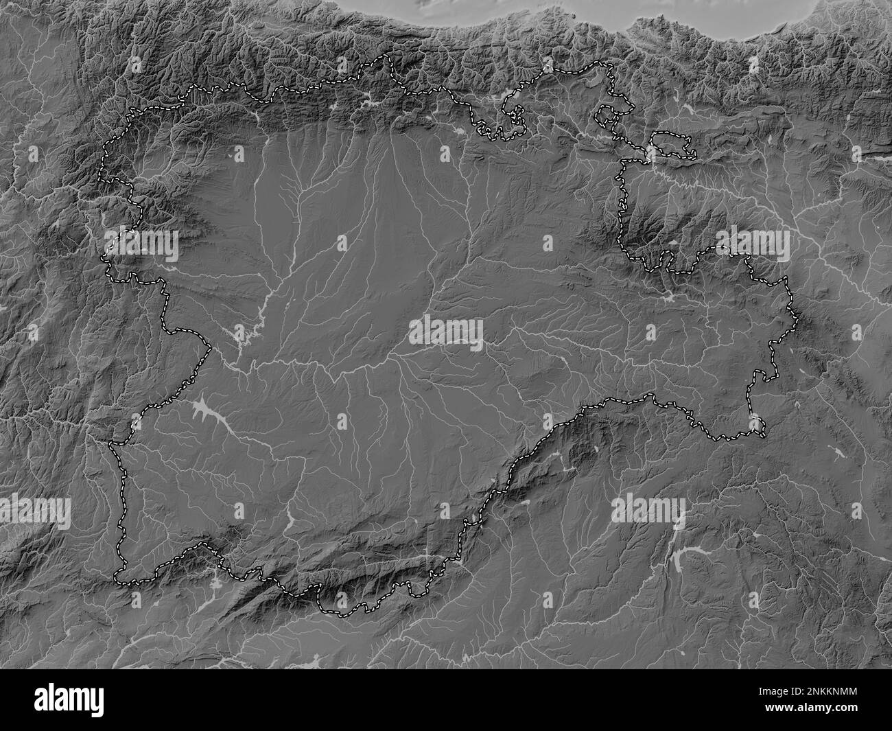 Castilla y Leon, communauté autonome d'Espagne. Carte d'altitude en niveaux de gris avec lacs et rivières Banque D'Images
