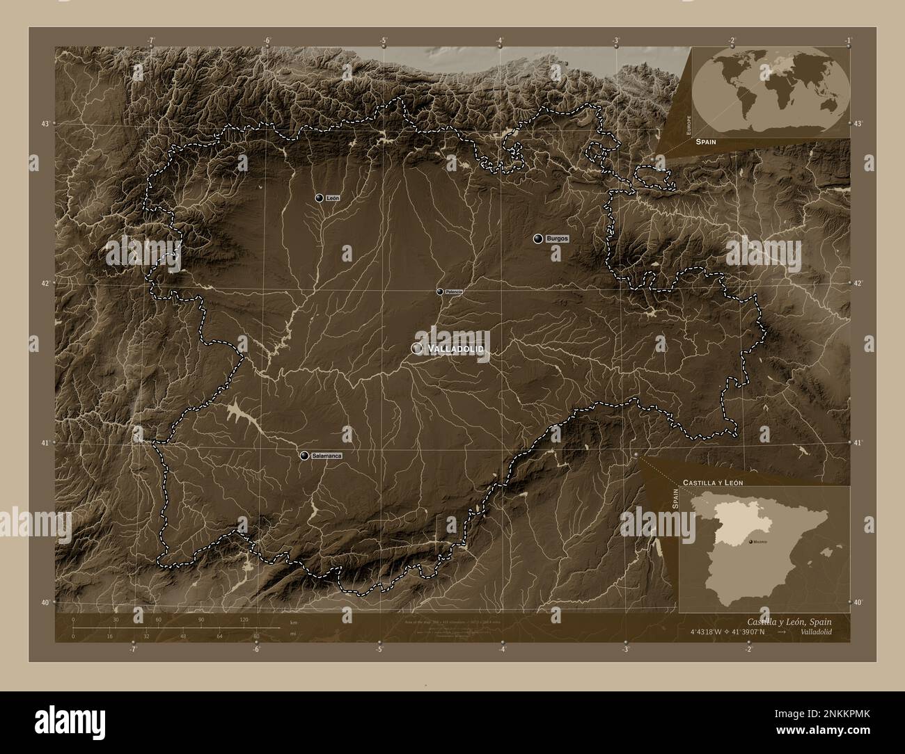 Castilla y Leon, communauté autonome d'Espagne. Carte d'altitude colorée en tons sépia avec lacs et rivières. Lieux et noms des principales villes du Banque D'Images