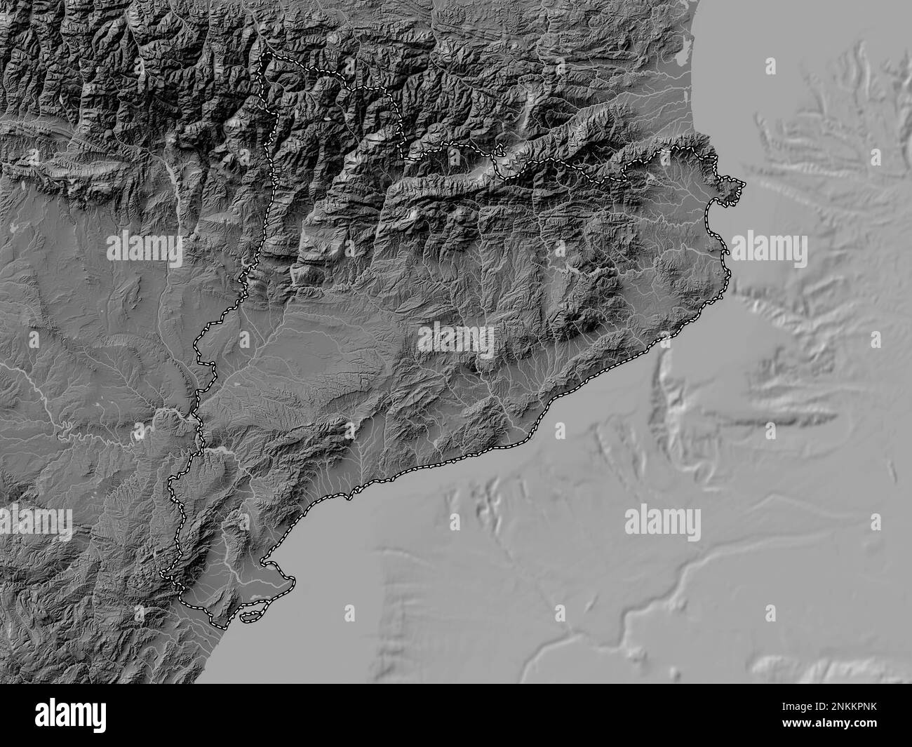 Cataluna, communauté autonome d'Espagne. Carte d'altitude à deux niveaux avec lacs et rivières Banque D'Images