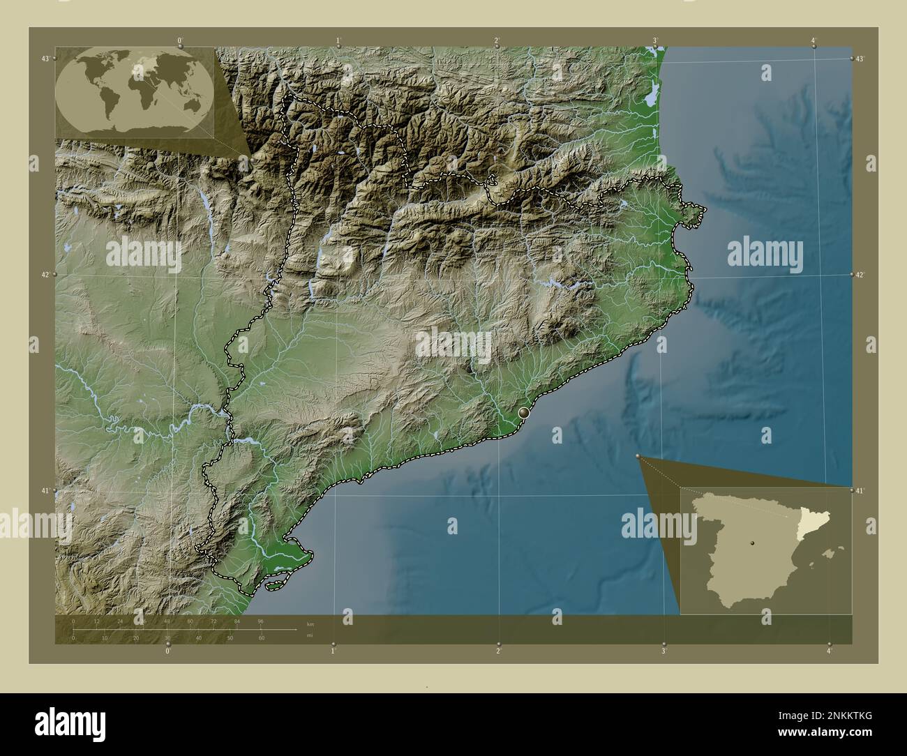 Cataluna, communauté autonome d'Espagne. Carte d'altitude colorée en style wiki avec lacs et rivières. Cartes d'emplacement auxiliaire d'angle Banque D'Images