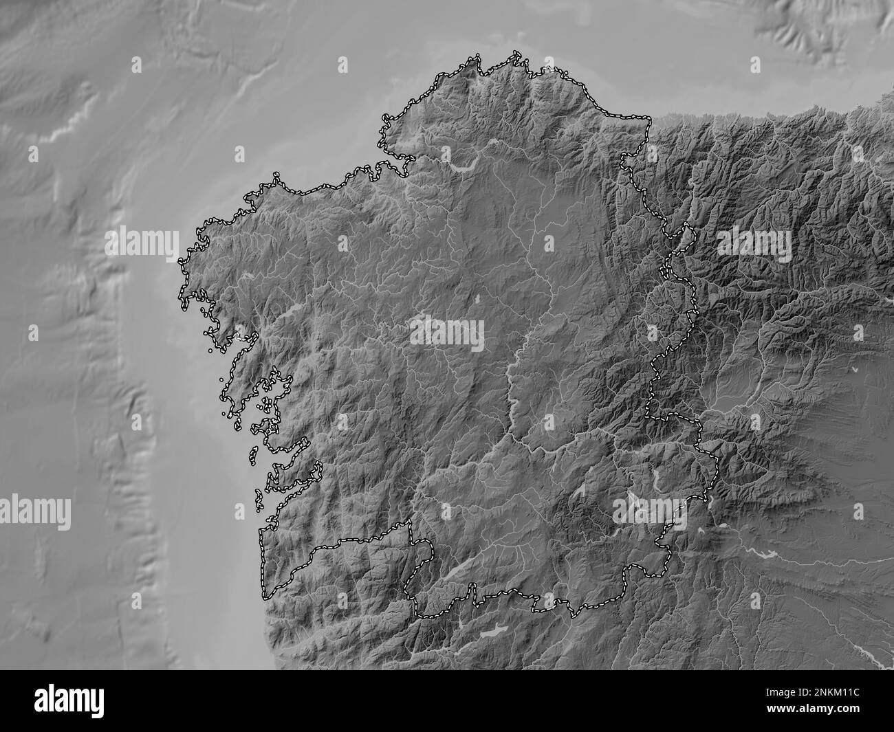 Galice, communauté autonome d'Espagne. Carte d'altitude en niveaux de gris avec lacs et rivières Banque D'Images