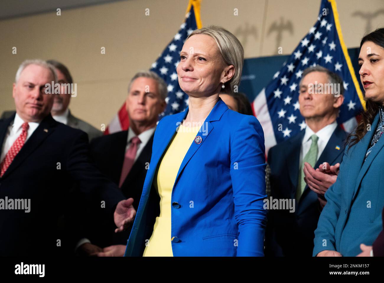 UNITED STATES - MARCH 1: Rep. Victoria Spartz, R-Ind., a Ukrainian-born American who spoke out against the Russian invasion, is seen during a news conference in Rayburn Building on Tuesday, March 1, 2022. The House Republican event was held to point out deficiencies President Biden's policies ahead of the State of the Union address. (Tom Williams/CQ Roll Call via AP Images) Banque D'Images