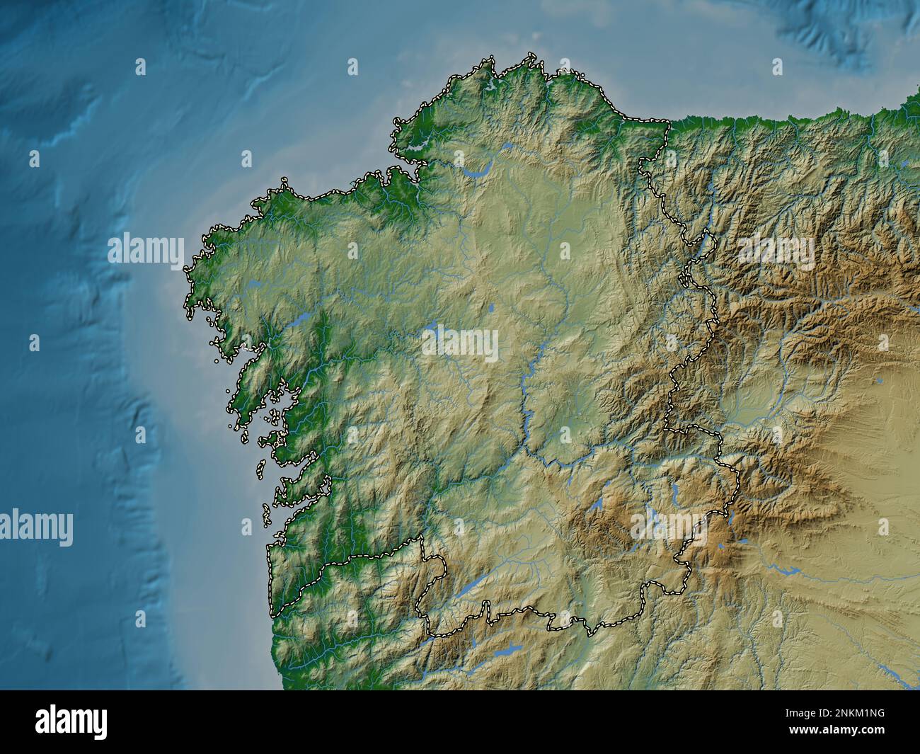 Galice, communauté autonome d'Espagne. Carte d'altitude en couleur avec lacs et rivières Banque D'Images