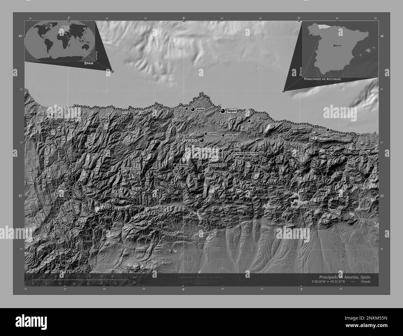 Principado de Asturias, communauté autonome d'Espagne. Carte d'altitude à deux niveaux avec lacs et rivières. Lieux et noms des principales villes de la région. Banque D'Images