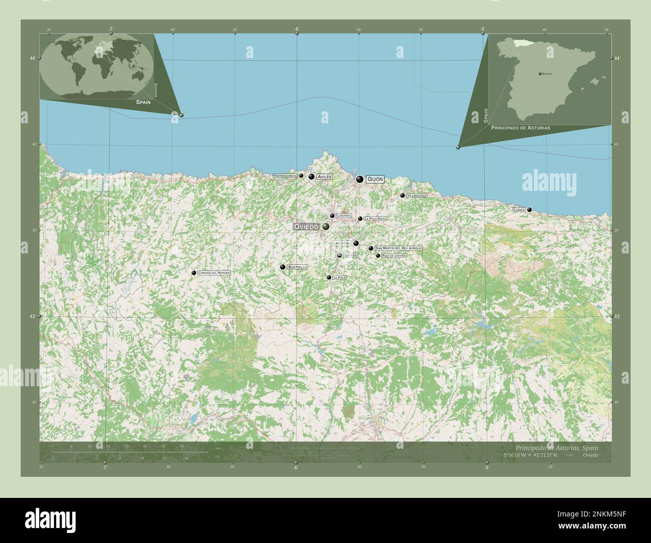 Principado de Asturias, communauté autonome d'Espagne. Ouvrez la carte des rues. Lieux et noms des principales villes de la région. Emplacement auxiliaire d'angle m Banque D'Images