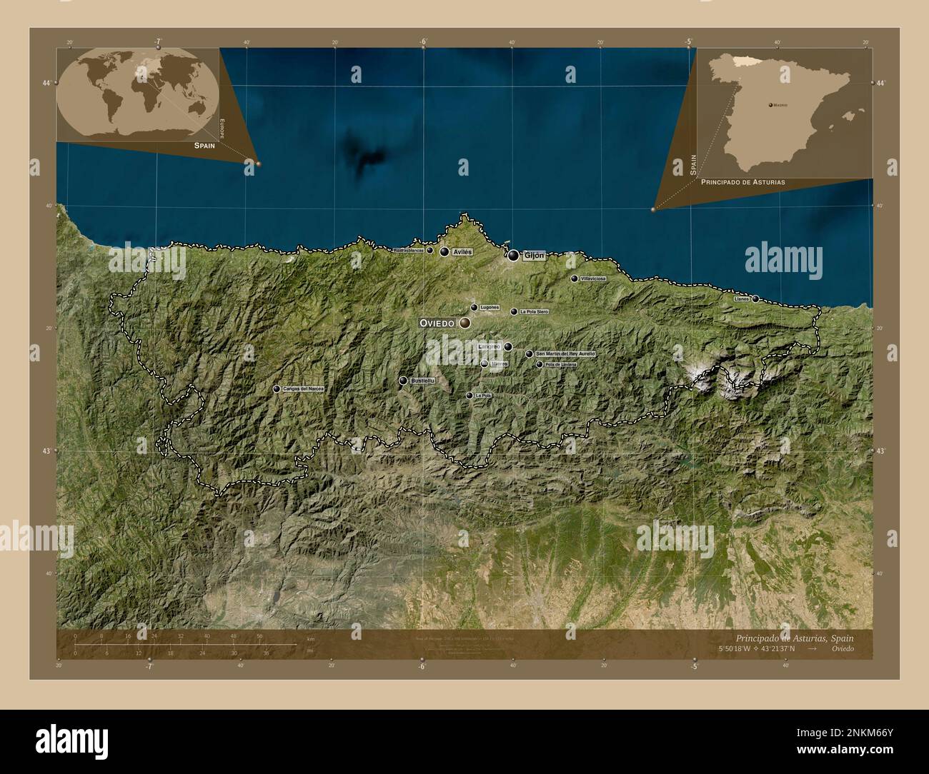 Principado de Asturias, communauté autonome d'Espagne. Carte satellite basse résolution. Lieux et noms des principales villes de la région. Angle auxilia Banque D'Images