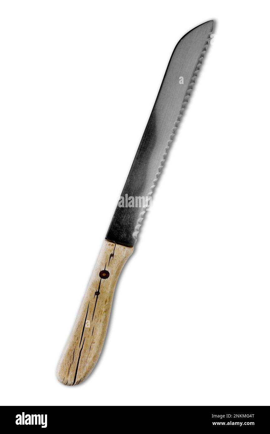 couteau à pain avec poignée en bois sur fond blanc Banque D'Images