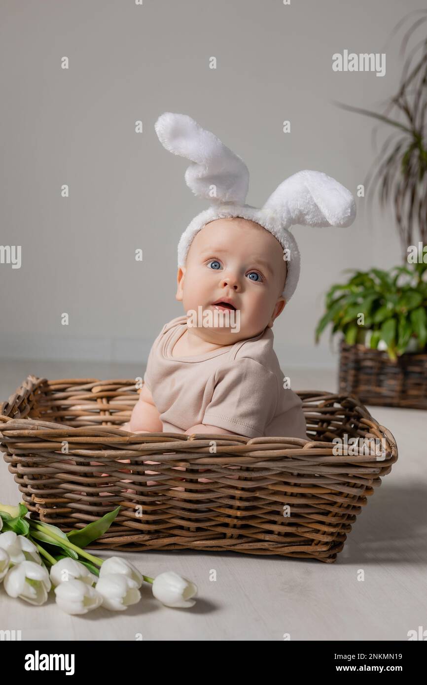 bébé dans un body blanc avec des oreilles de lapin sur sa tête est assis  dans un panier en osier sur le sol avec un bouquet de tulipes. Photo de  haute qualité