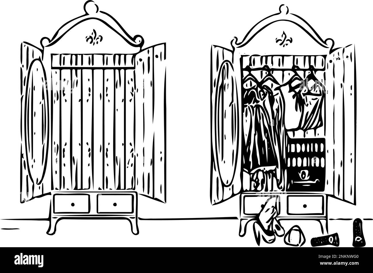 Contours de la garde-robe féminine avant et après le shopping. Modèle vectoriel pour coloriage. Illustration de Vecteur