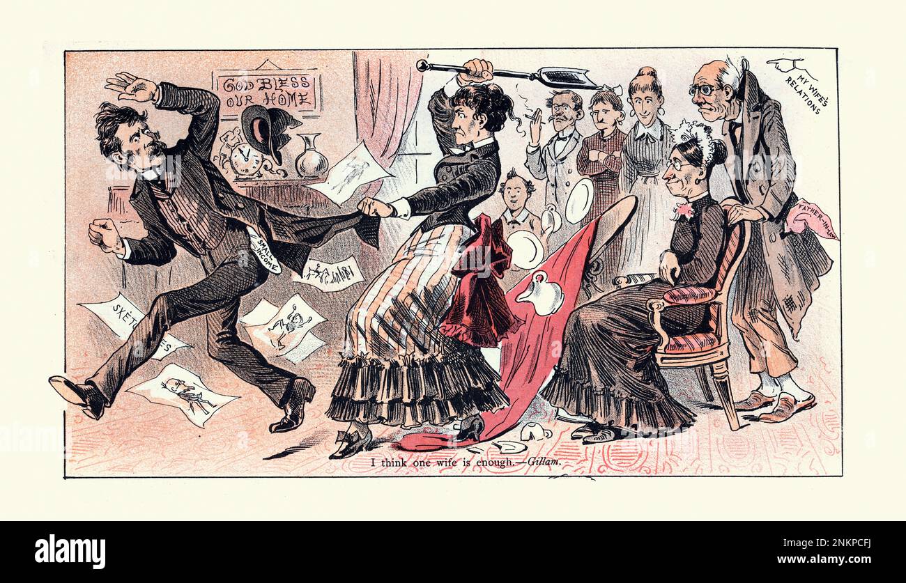 Vintage illustration, satirique caricature américaine sur mormonisme polygamy, une femme suffit, femme battant son mari, 1880s, Puck Banque D'Images