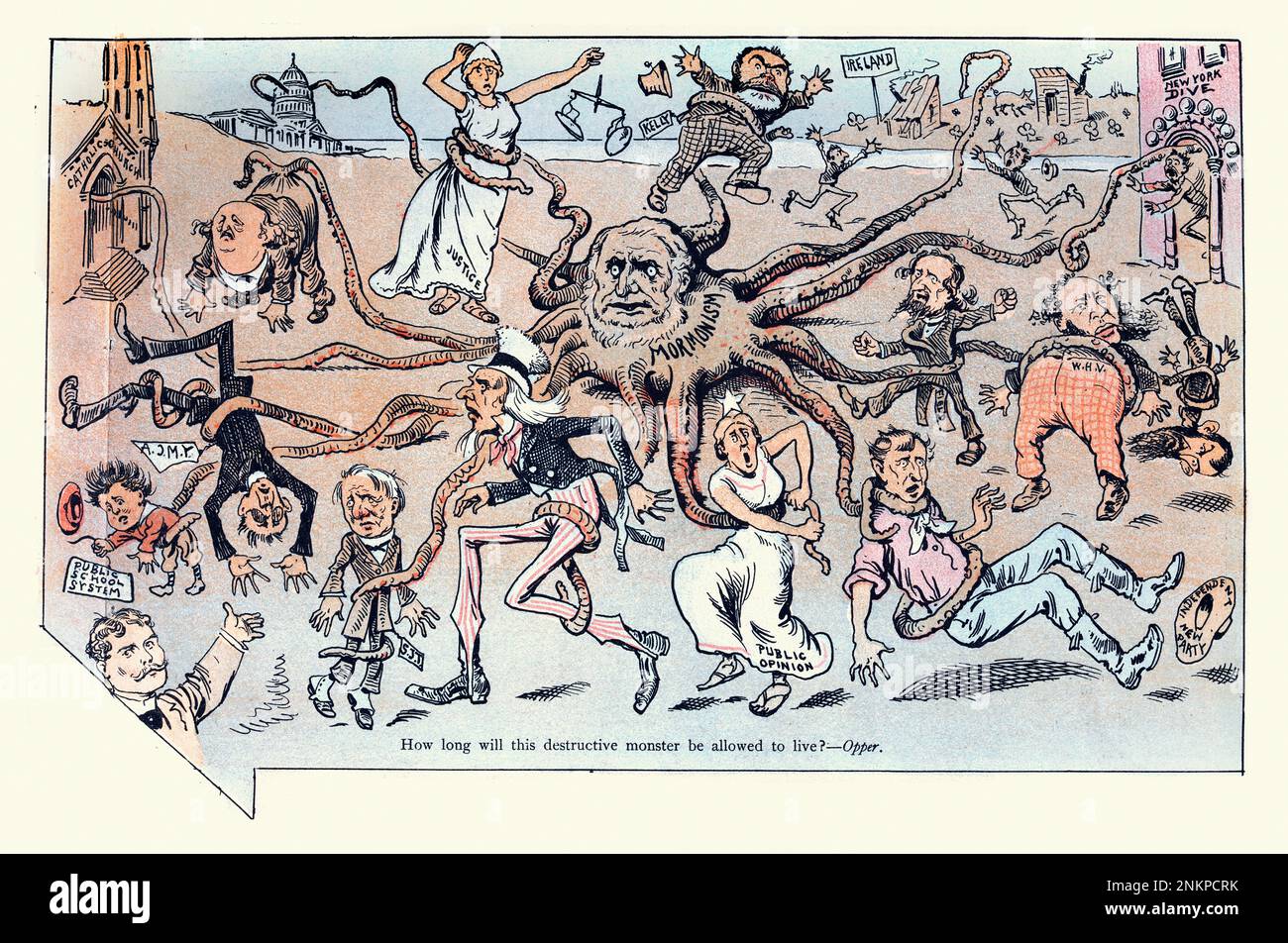 Illustration vintage, caricature américaine satirique, anti mormon, monstre, oncle Sam, Liberty, 1880s, Puck Banque D'Images
