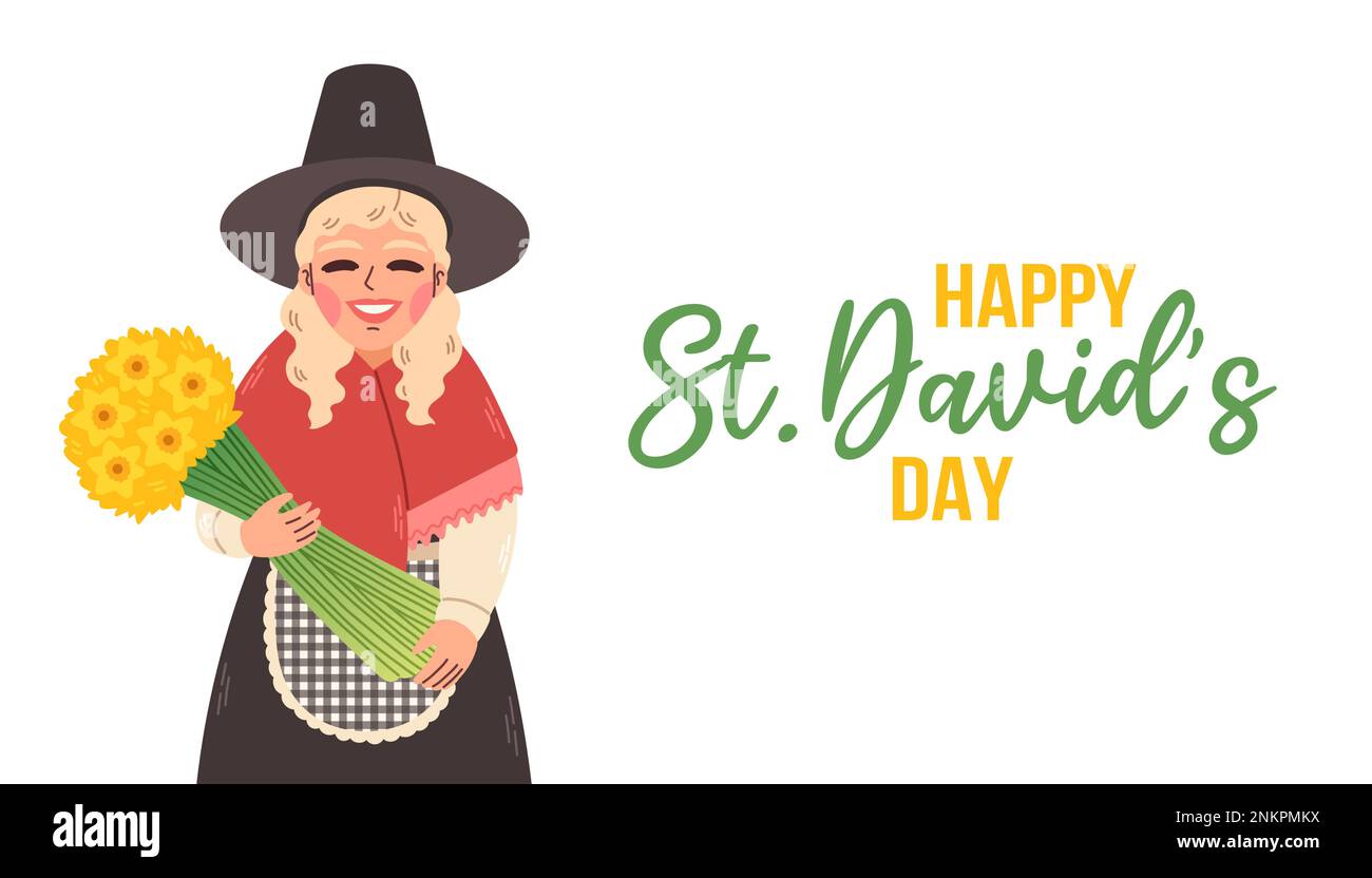 Bonne journée à Saint Davids. Fille en costume traditionnel gallois célébrez la St Davids avec des jonquilles jaunes. Illustration de Vecteur