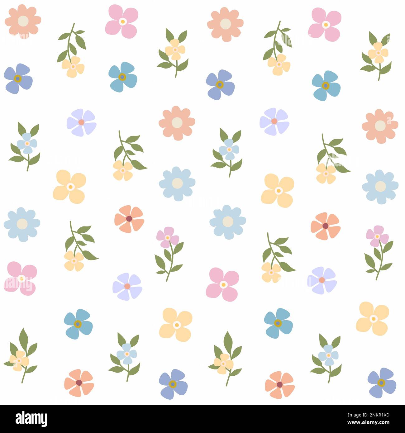 Motif fleuri coloré sans couture sur fond blanc. Fleurs isolées abstraites de forme simple avec des feuilles dans des couleurs pastel. Magnifique imprimé fille Banque D'Images