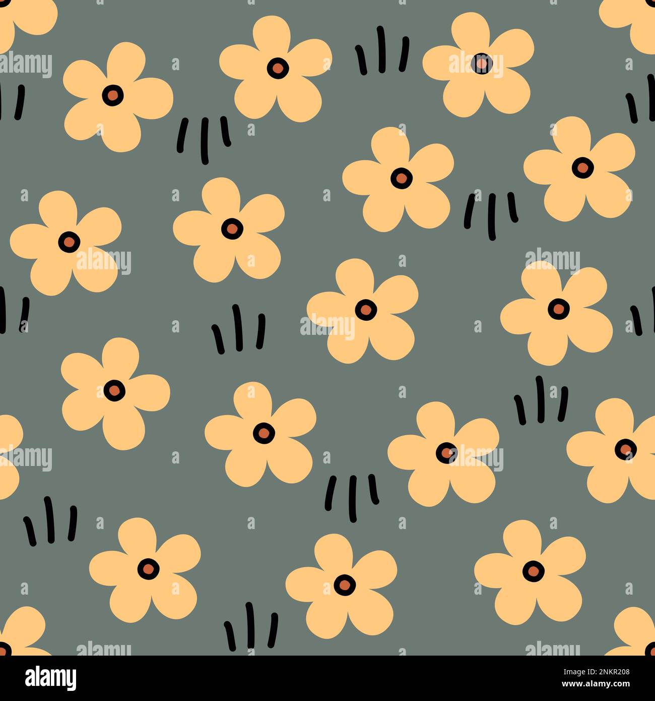 Motif fleuri raster sans coutures. Fleurs jaunes dessinées à la main avec contour noir sur fond gris. Jolie toile de fond botanique Banque D'Images