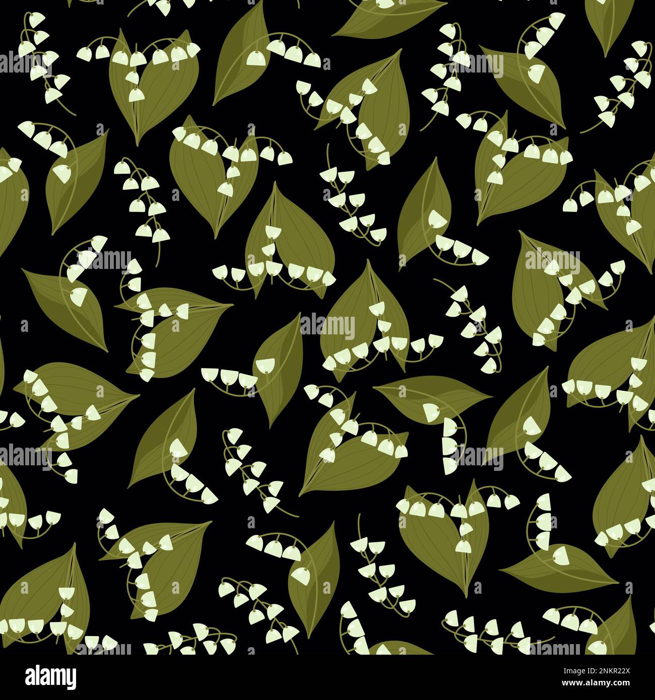 Motif Lily of the Valley sans coutures. Texturé peut limules fleurs avec des feuilles sur le fond noir. Imprimé fleuri Banque D'Images