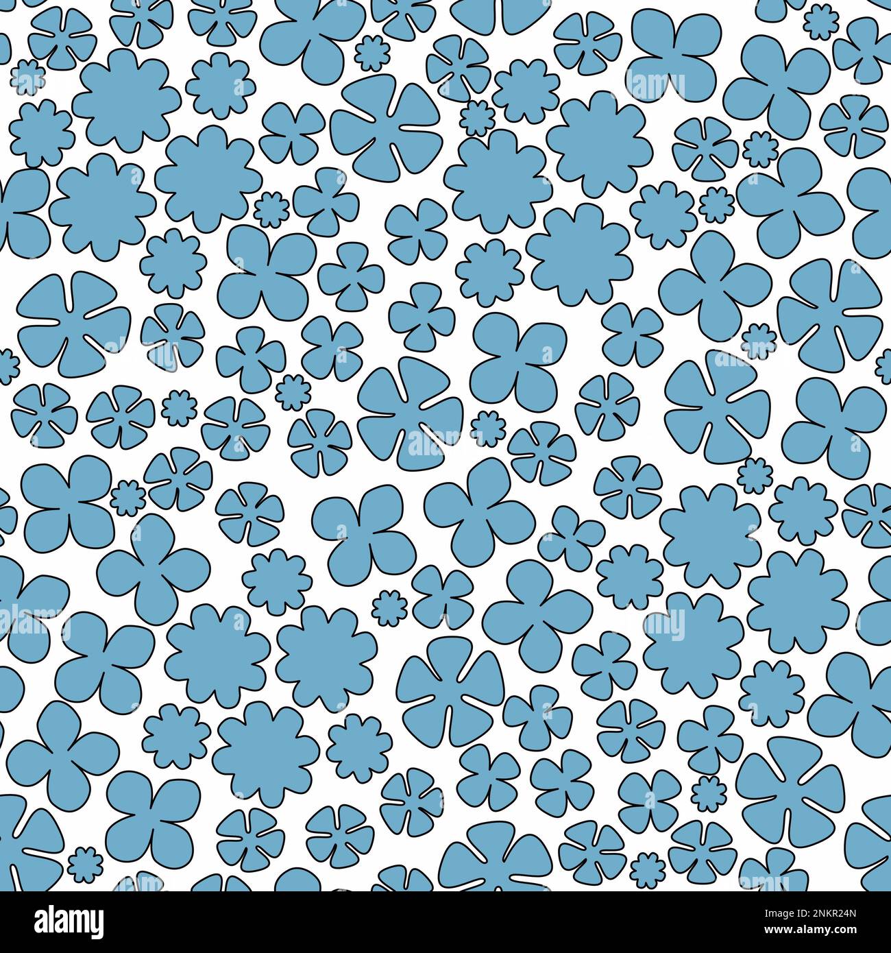 Motif fleuri sans couture sur fond blanc. Fleurs isolées abstraites dessinées à la main bleues avec contour noir. Fleurs monochromes de différentes tailles Banque D'Images