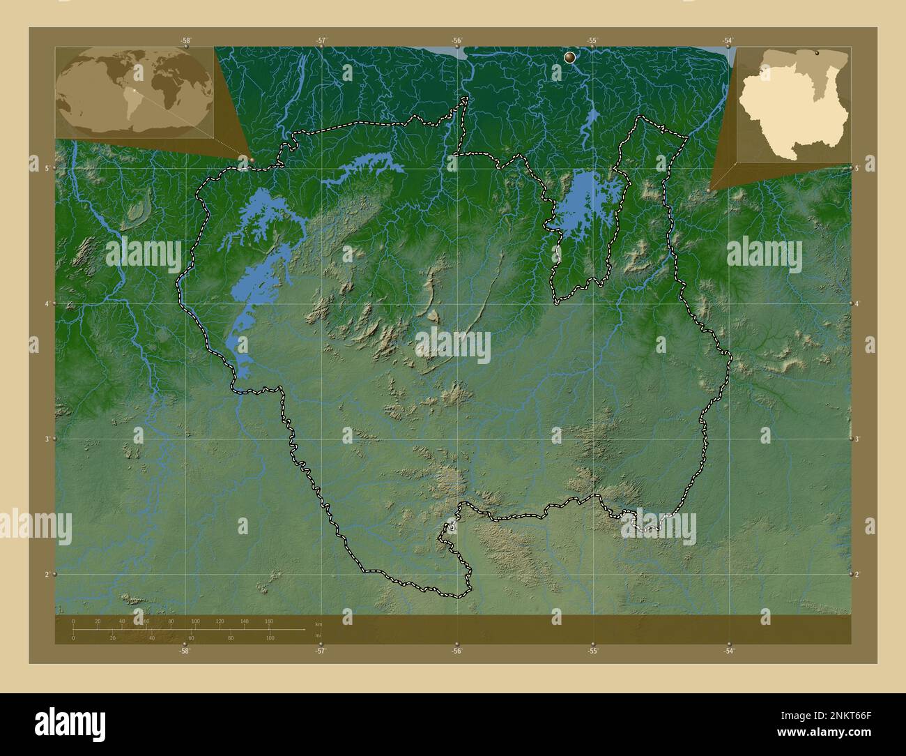 Sipaliwini, quartier du Suriname. Carte d'altitude en couleur avec lacs et rivières. Cartes d'emplacement auxiliaire d'angle Banque D'Images