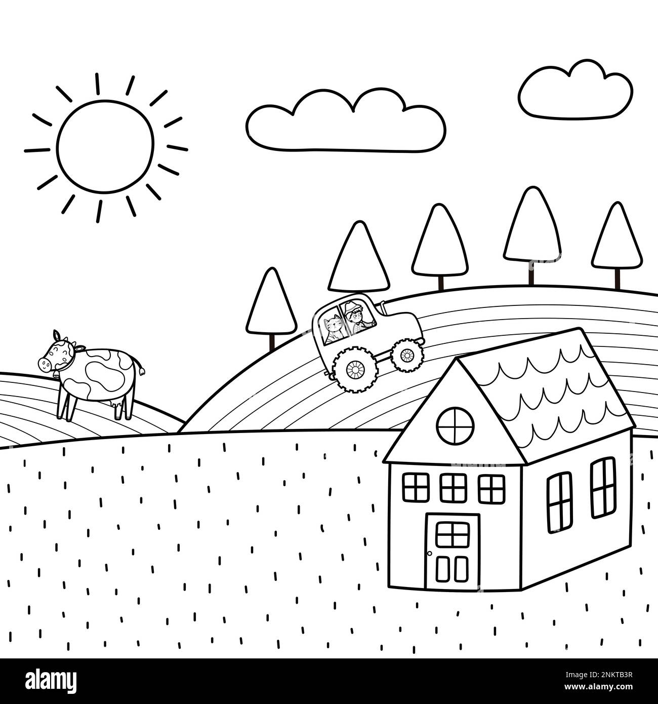 Paysage de prairie avec une ferme et des champs en noir et blanc Illustration de Vecteur