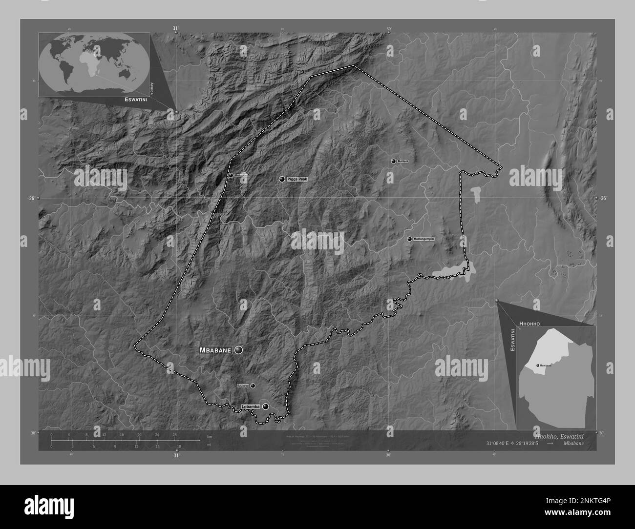 Hhohho, quartier de eSwatini. Carte d'altitude en niveaux de gris avec lacs et rivières. Lieux et noms des principales villes de la région. Emplacement auxiliaire d'angle Banque D'Images