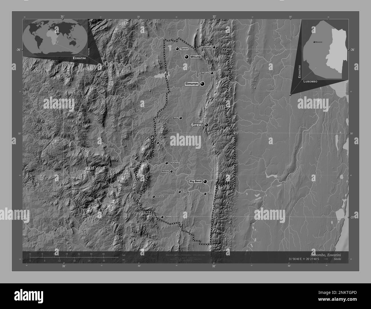 Lubombo, quartier de eSwatini. Carte d'altitude à deux niveaux avec lacs et rivières. Lieux et noms des principales villes de la région. Emplacement auxiliaire d'angle Banque D'Images