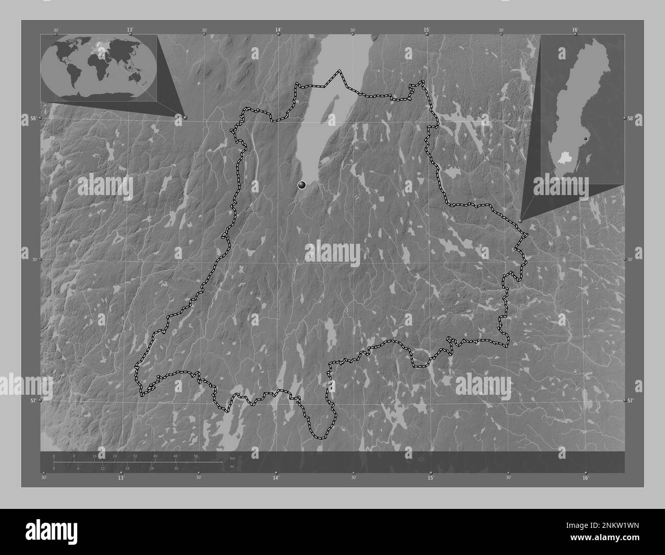 Jonkoping, comté de Suède. Carte d'altitude en niveaux de gris avec lacs et rivières. Cartes d'emplacement auxiliaire d'angle Banque D'Images