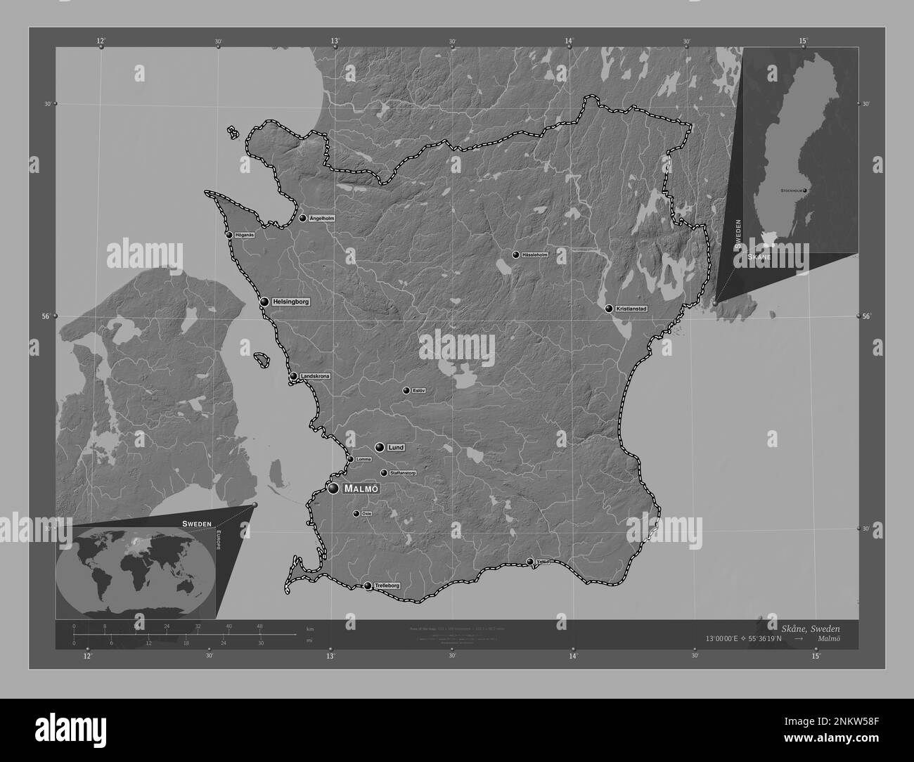 Skane, comté de Suède. Carte d'altitude à deux niveaux avec lacs et rivières. Lieux et noms des principales villes de la région. Carte d'emplacement auxiliaire d'angle Banque D'Images