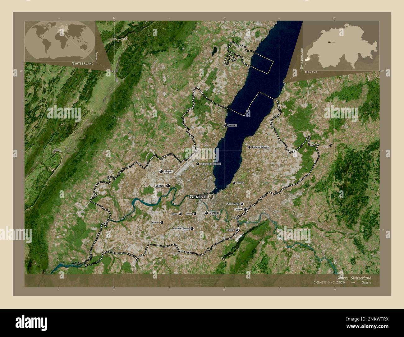 Genève, canton de Suisse. Carte satellite haute résolution. Lieux et ...