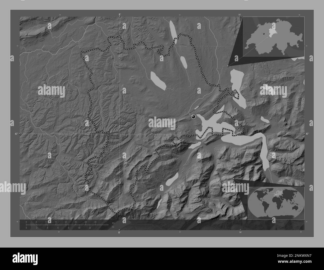 Lucerne, canton de Suisse. Carte d'altitude à deux niveaux avec lacs et rivières. Cartes d'emplacement auxiliaire d'angle Banque D'Images