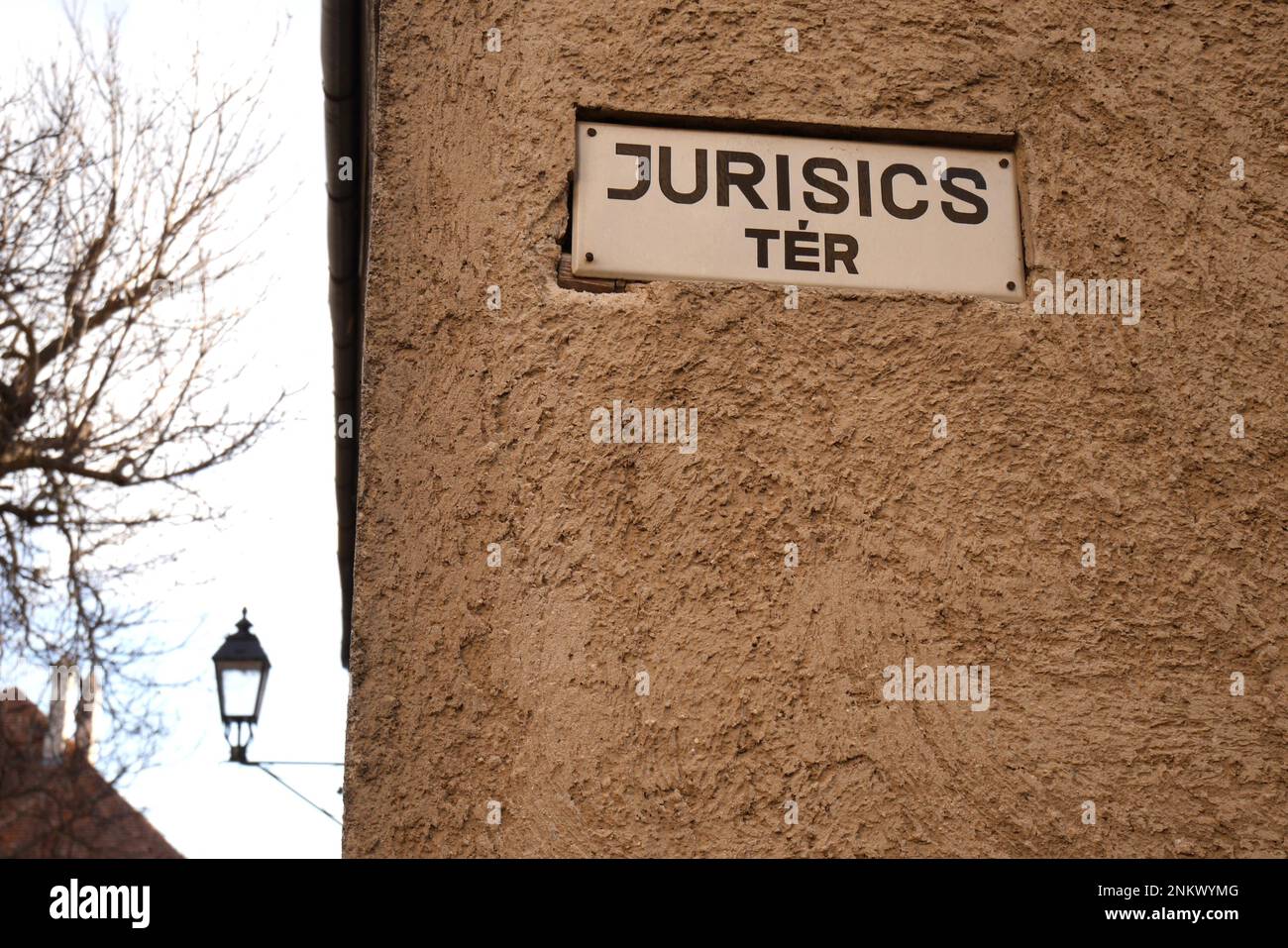 Jurisics ter, Jurisics Square, panneau routier, Koszeg, Comté de Vas, Hongrie Banque D'Images