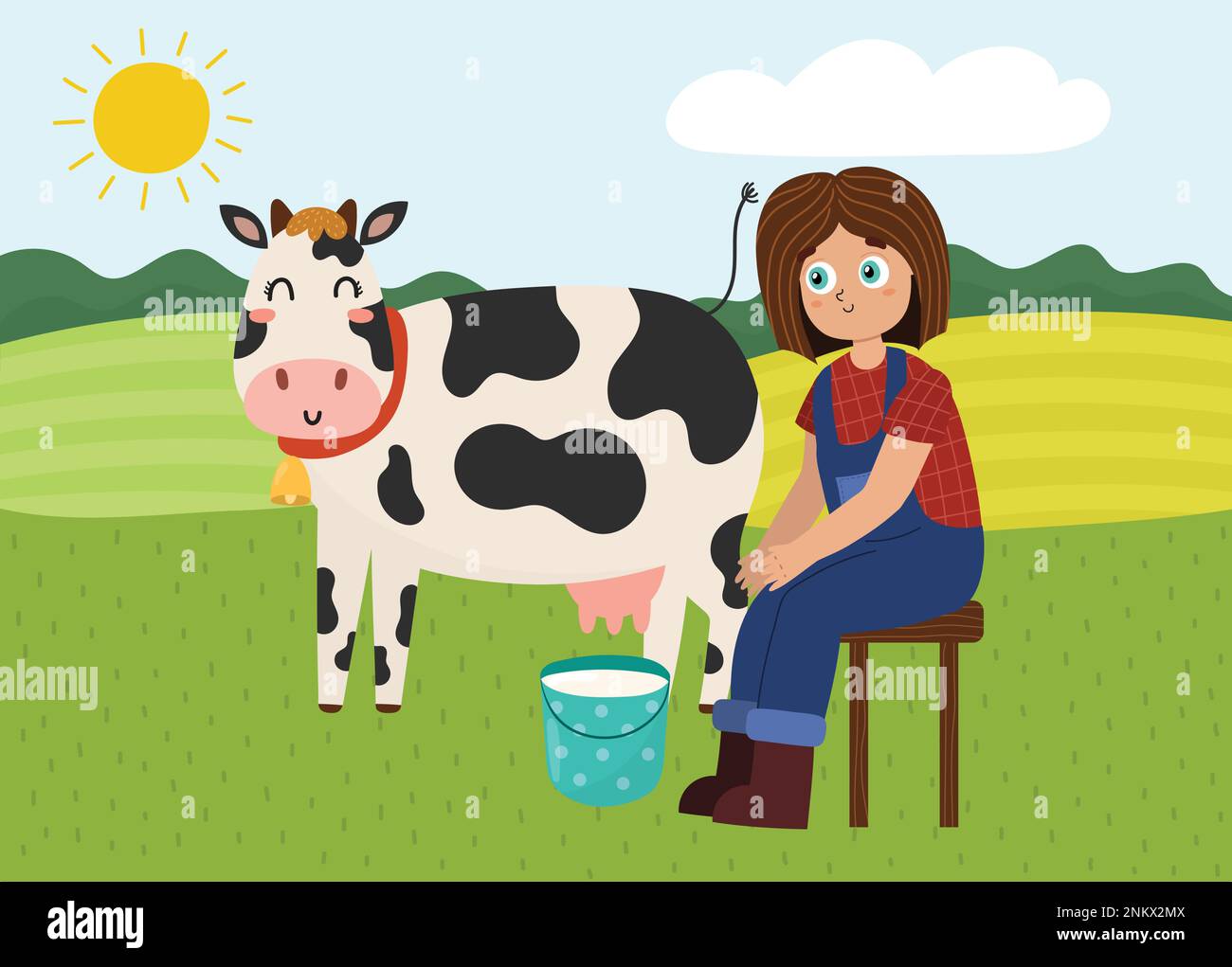 Sur l'affiche de la ferme avec une jolie fille qui traite une vache. Prairie verte avec caractères de ferme Illustration de Vecteur