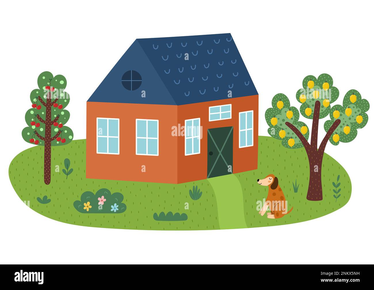 Imprimé paysage de style dessin animé avec un chien, une maison et des arbres mignons. Prairie verte d'été Illustration de Vecteur