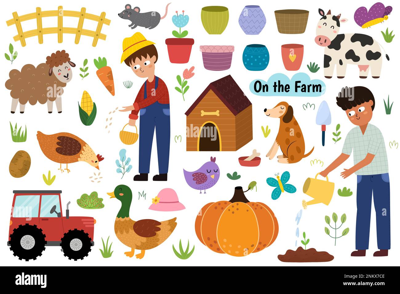 Sur la ferme avec les animaux mignons et les petits agriculteurs. Campagne éléments de vie Illustration de Vecteur