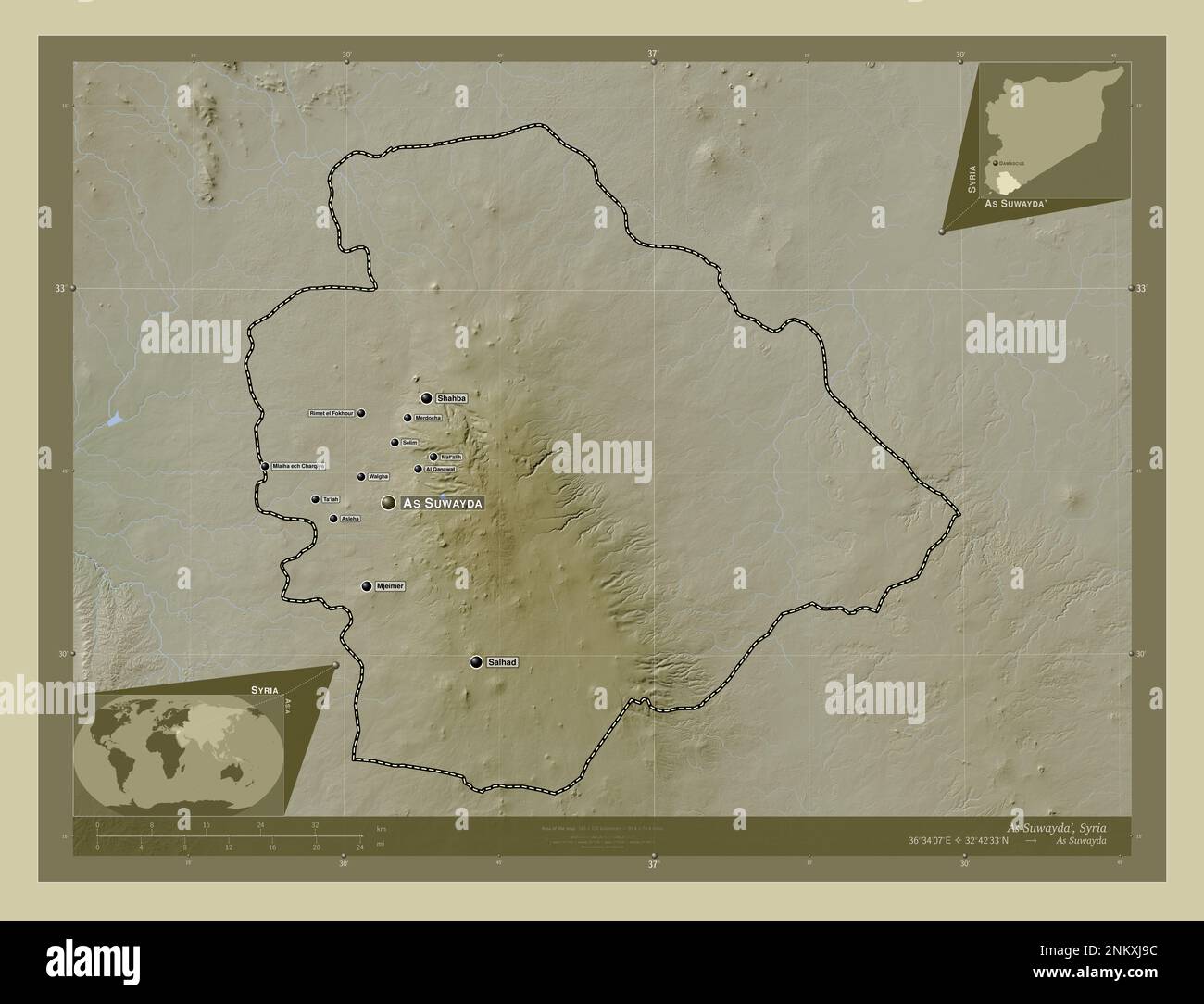 Suweida Map Comme Suwayda', province de Syrie. Carte d'altitude colorée en style ...
