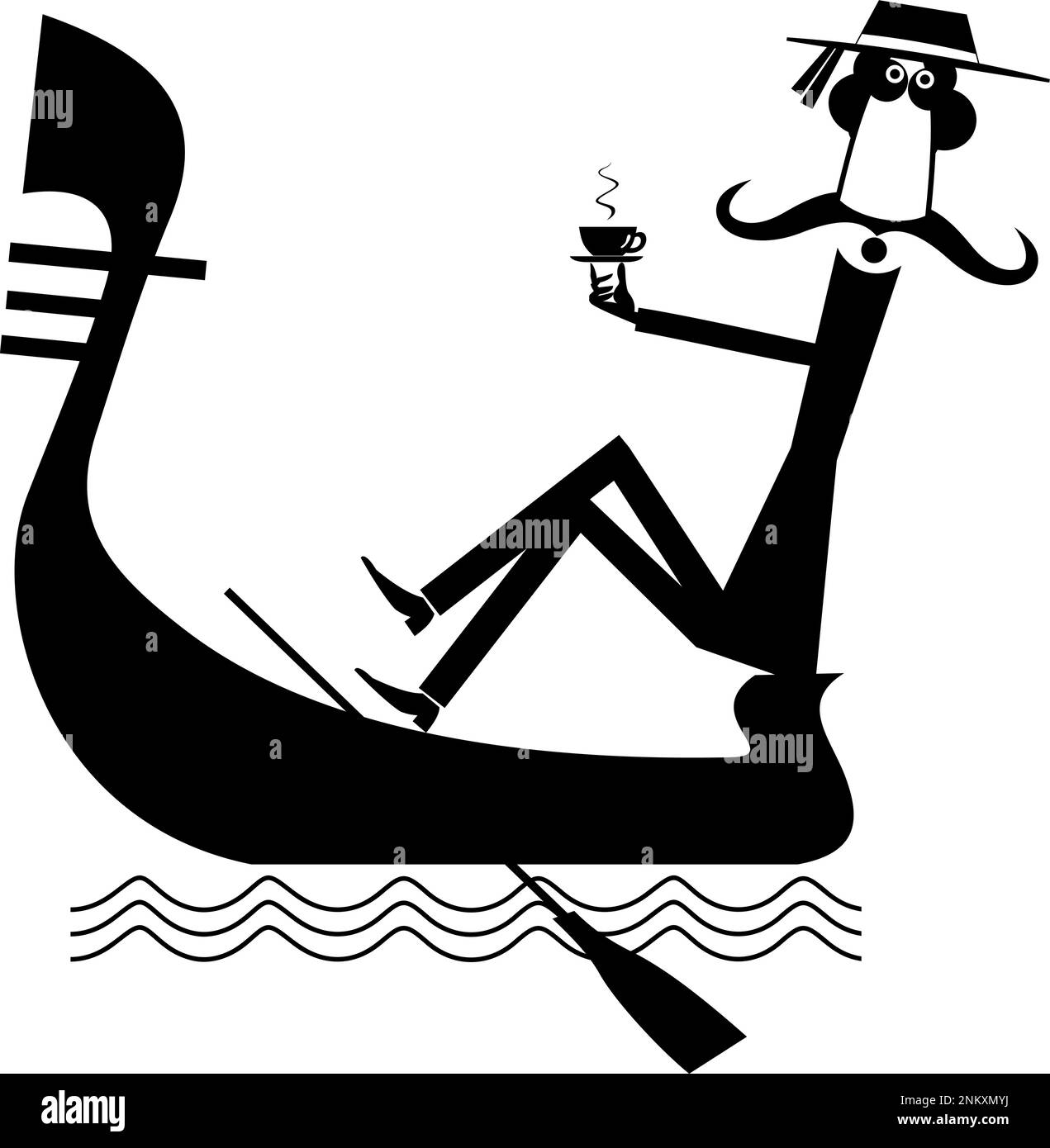 Homme à cheval. Gondolier au repos buvant une tasse de café ou de thé. Illustration noir sur blanc Illustration de Vecteur