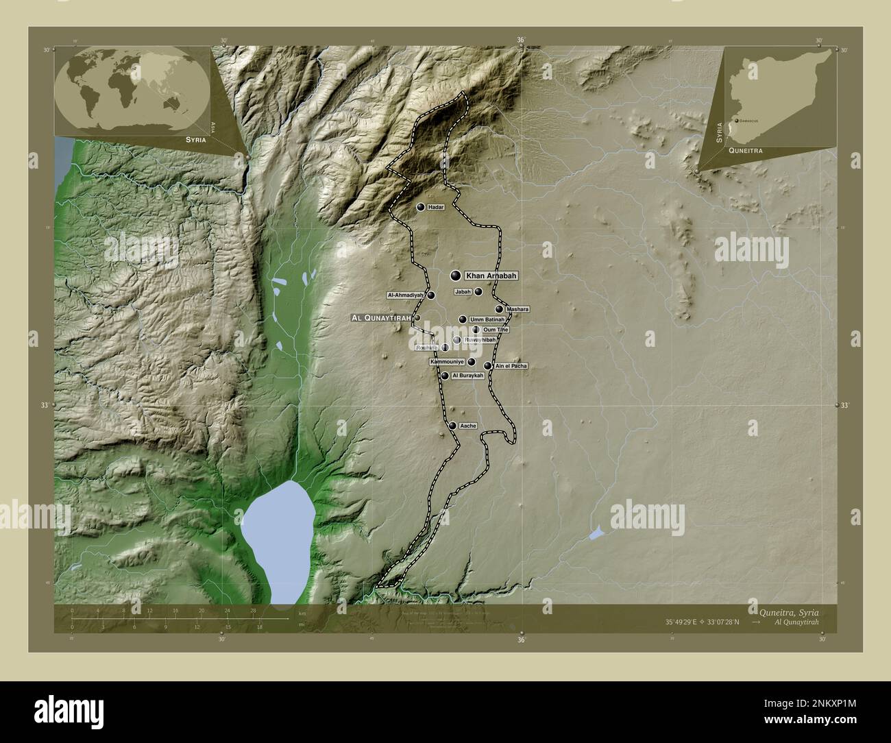 Quneitra, province de Syrie. Carte d'altitude colorée en style wiki avec lacs et rivières. Lieux et noms des principales villes de la région. Angle auxi Banque D'Images