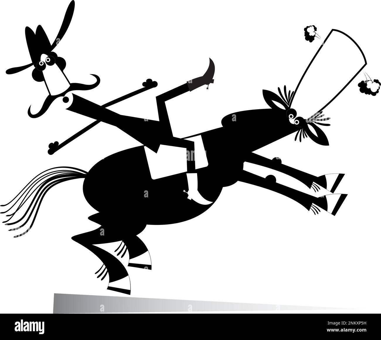 Le dessin animé du cavalier tombe de l'illustration isolée du cheval. Drôle de long moustache homme ou cowboy tombant du cheval noir sur blanc Illustration de Vecteur