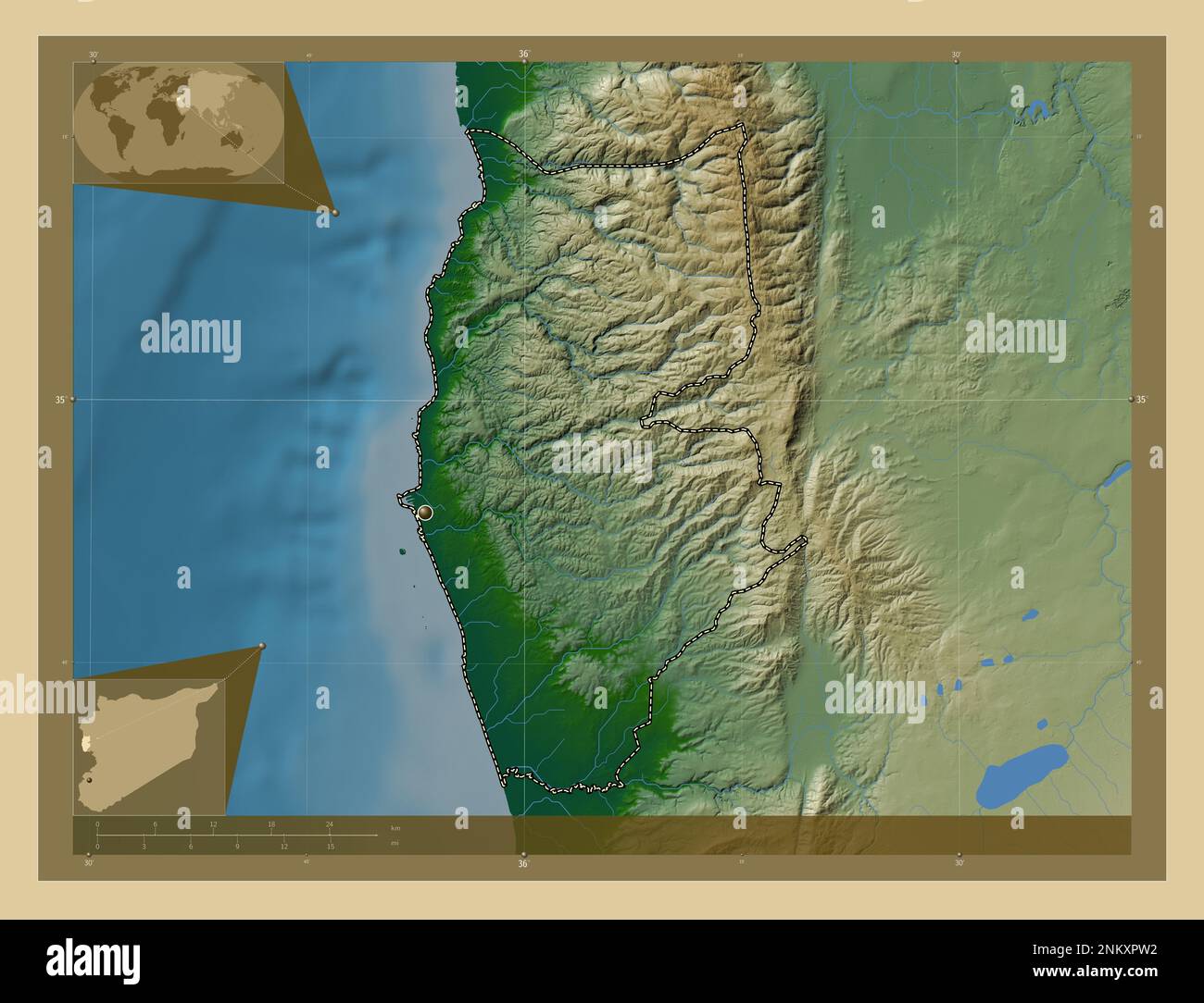 Tartus, province de Syrie. Carte d'altitude en couleur avec lacs et rivières. Cartes d'emplacement auxiliaire d'angle Banque D'Images