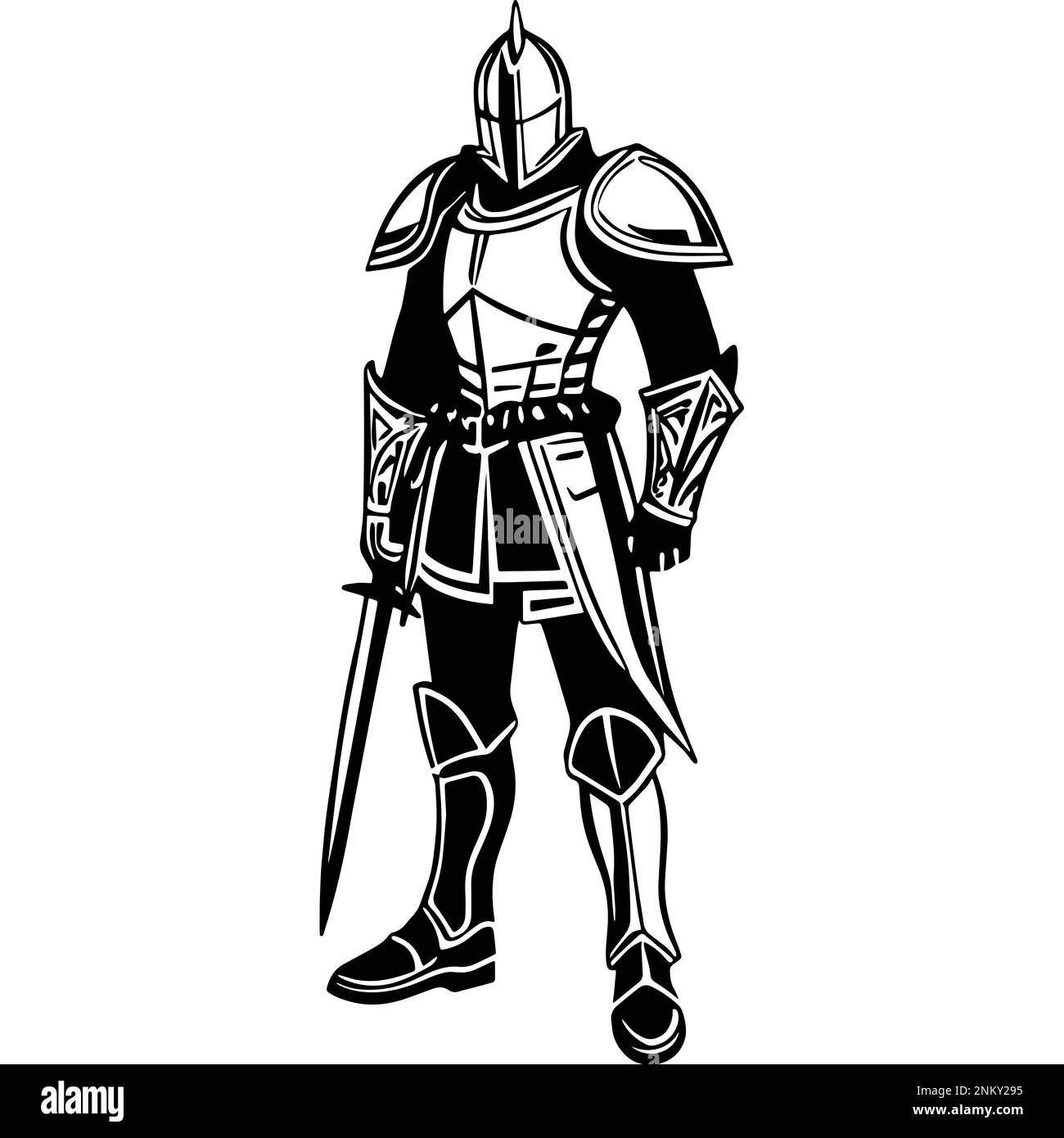 Une illustration monochrome d'un guerrier en armure présente un dessin très détaillé d'un chevalier médiéval Banque D'Images