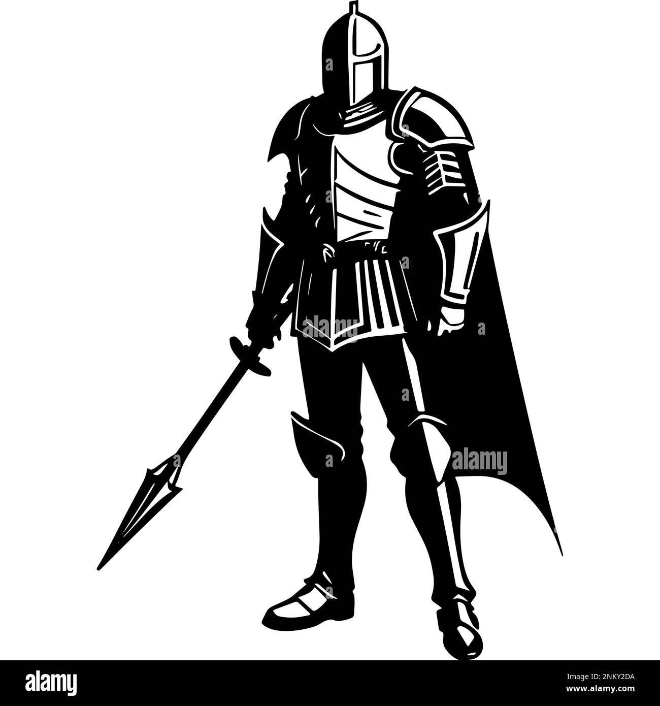 Une illustration monochrome d'un guerrier en armure présente un dessin très détaillé d'un chevalier médiéval Banque D'Images