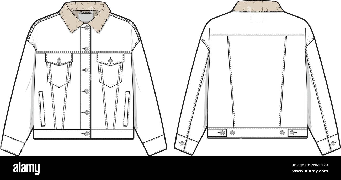Veste en denim Sherpa pour femmes camionneur vecteur plat dessin technique maquette modèle pour le design et les packs techniques mode CAD streetwear mode Illustration de Vecteur