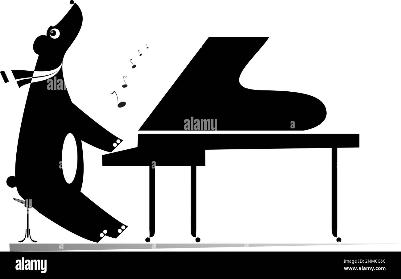 Ours drôle une illustration isolée pianiste. Le dessin animé Bear joue de la musique sur piano et chante en noir sur illustration blanche Illustration de Vecteur