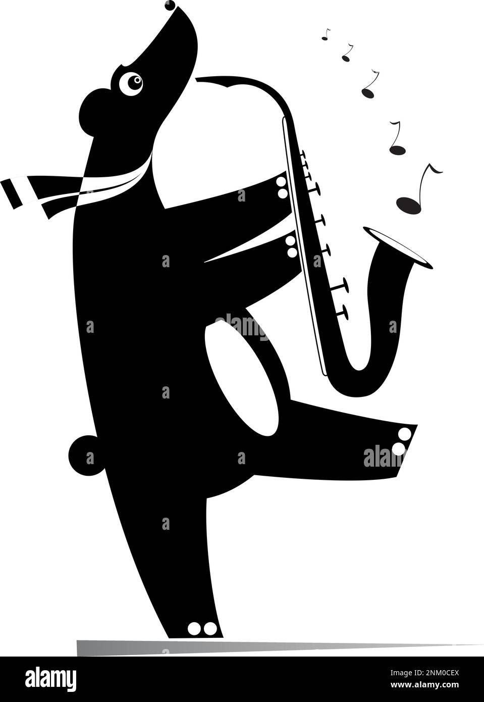 Ours drôle une illustration isolée saxophoniste. Le dessin animé Bear joue de la musique sur saxophone avec inspiration noir sur blanc Illustration de Vecteur