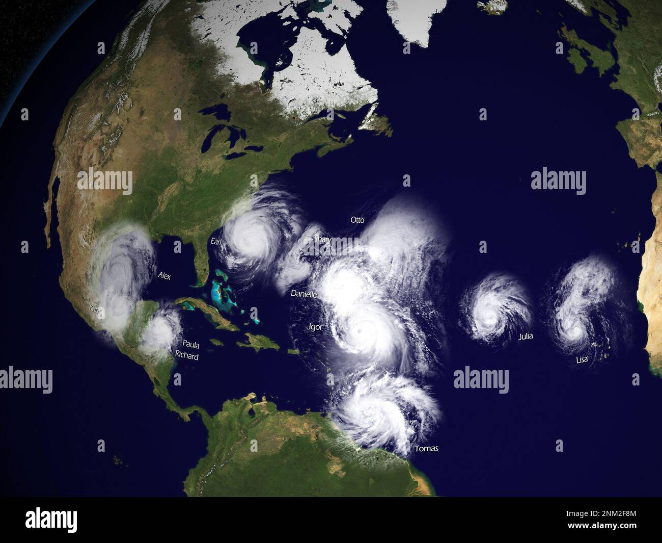 La saison des ouragans de l'Atlantique 2010 : cette image est un composite de tous les ouragans de l'Atlantique nommés de 1 juin - 30 novembre 2010, tel qu'observé par le satellite GOES-13 Banque D'Images La saison des ouragans de l'Atlantique 2010 : cette image est un composite de tous les ouragans de l'Atlantique nommés de 1 juin - 30 novembre 2010, tel qu'observé par le satellite GOES-13 Banque D'Images