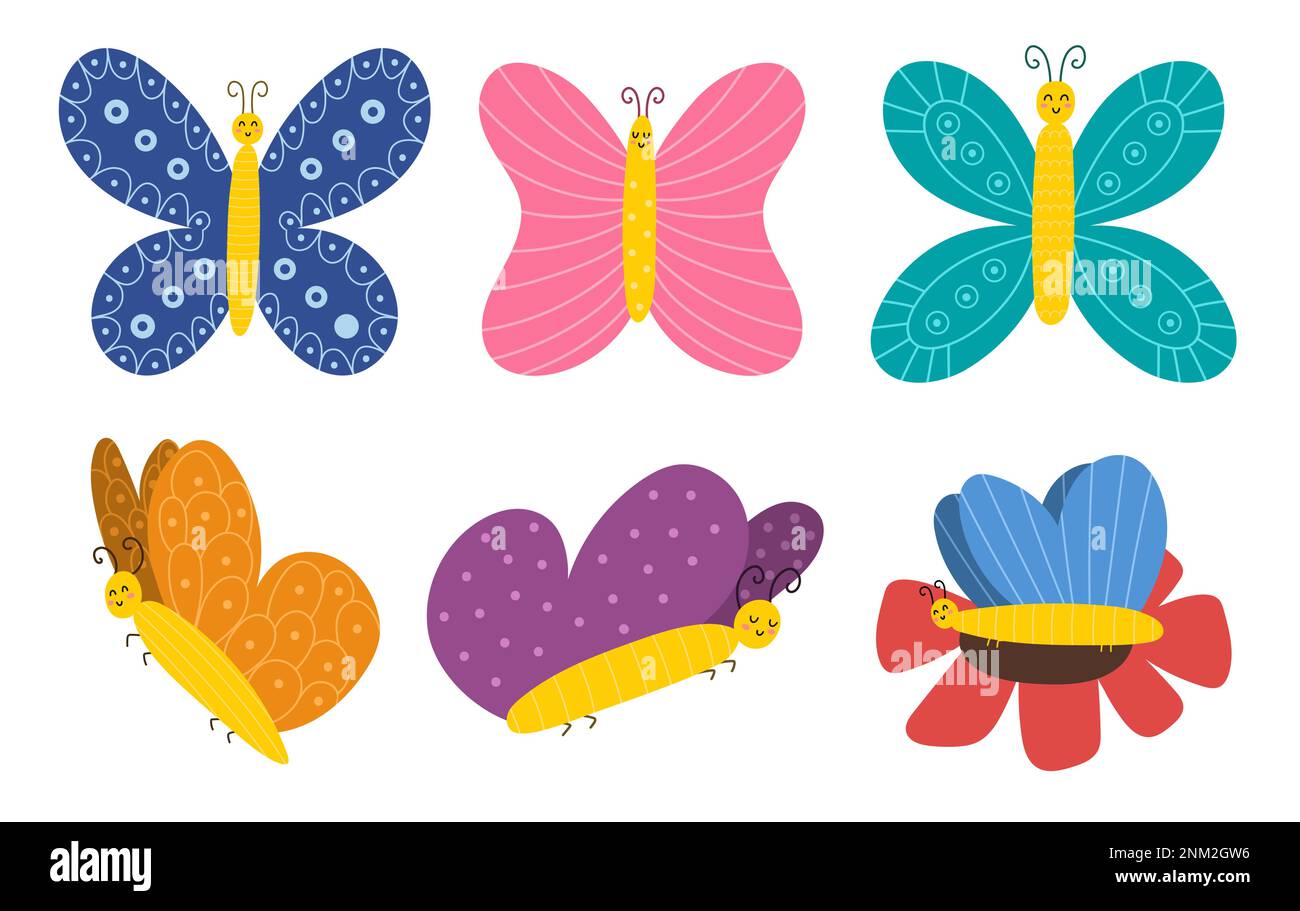 Ensemble papillons dessinés à la main. Insectes mignons en forme de dessin animé pour bébé et enfant Illustration de Vecteur